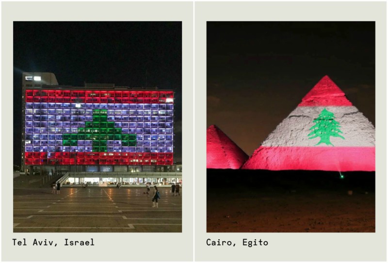 Edifícios e monumentos são iluminados com a bandeira libanesa