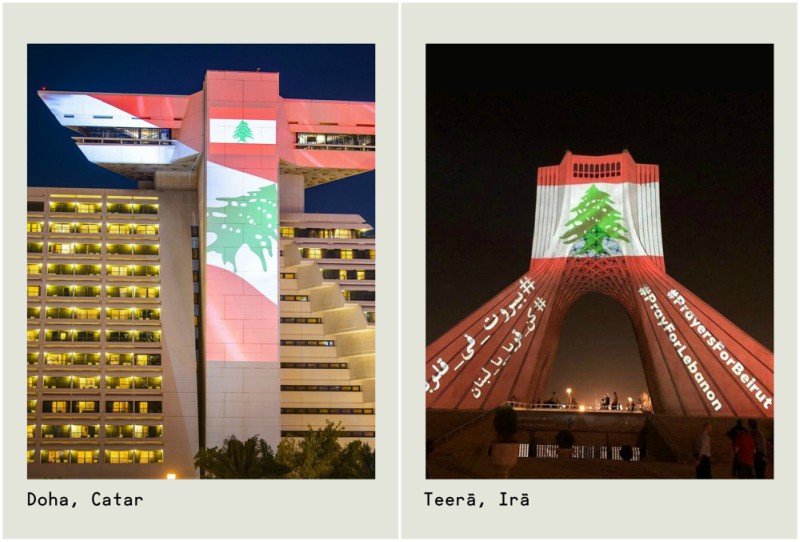 Edifícios e monumentos são iluminados com a bandeira libanesa