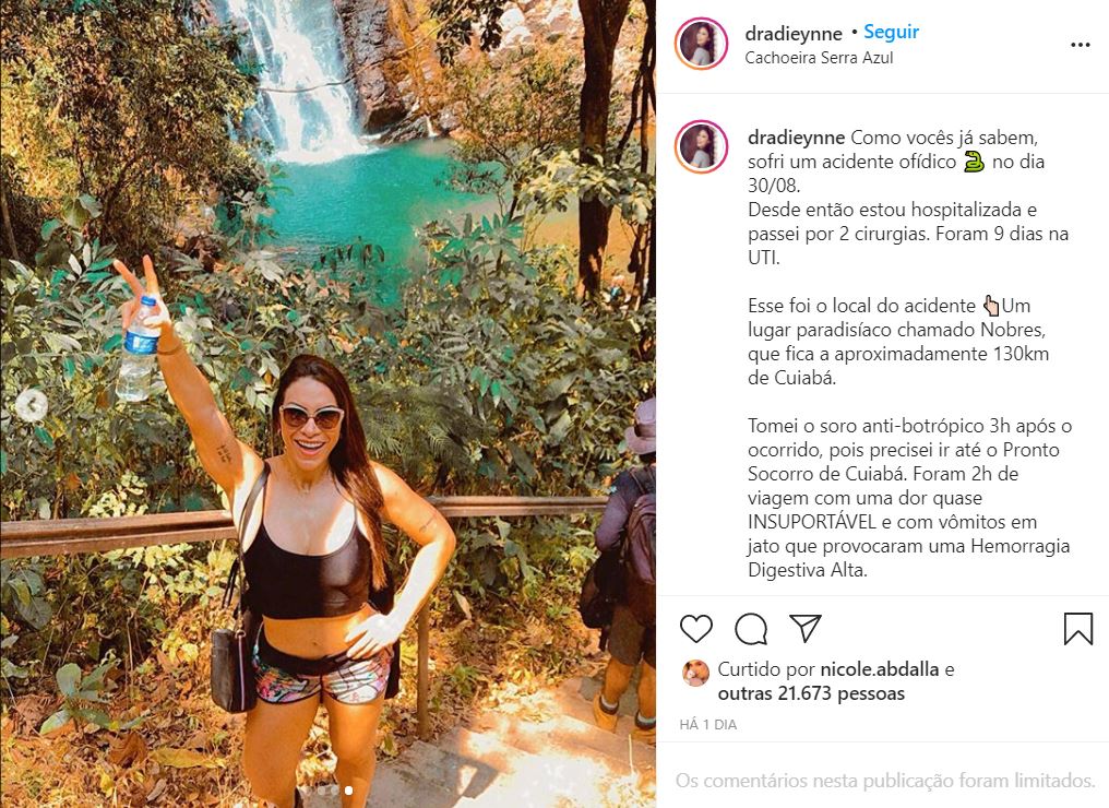 Médica picada por cobra em cachoeira fez desabafo nas redes sociais