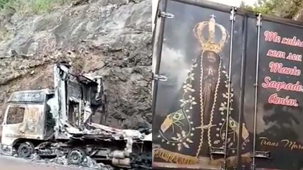 Em acidente, caminhão pega fogo, mas imagem de Nossa Senhora Aparecida segue intacta