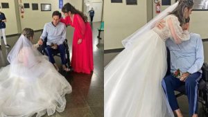 De véu e grinalda, noiva pede a bênção de pai no hospital minutos antes de casamento