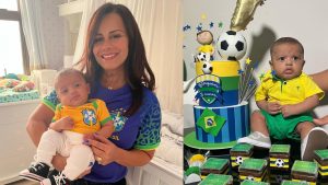 Viviane Araújo celebra 3 meses de Joaquim em clima de Copa do Mundo